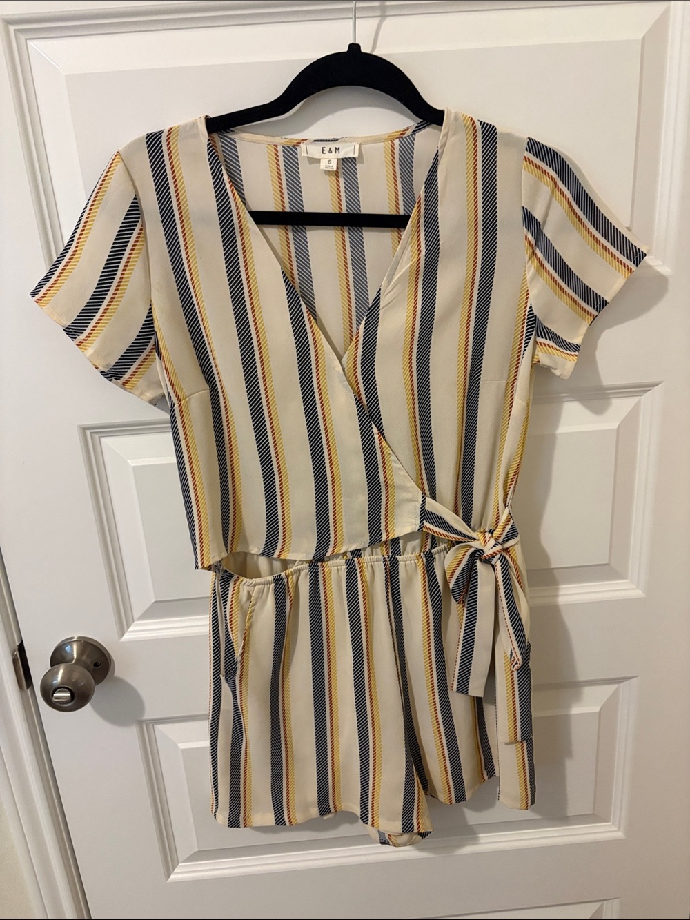 Striped Wrap Tie Romper in Cream, Navy & Mustard